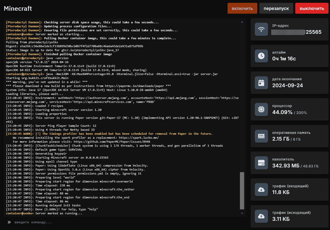 Screenshot of the control panel showing a working server