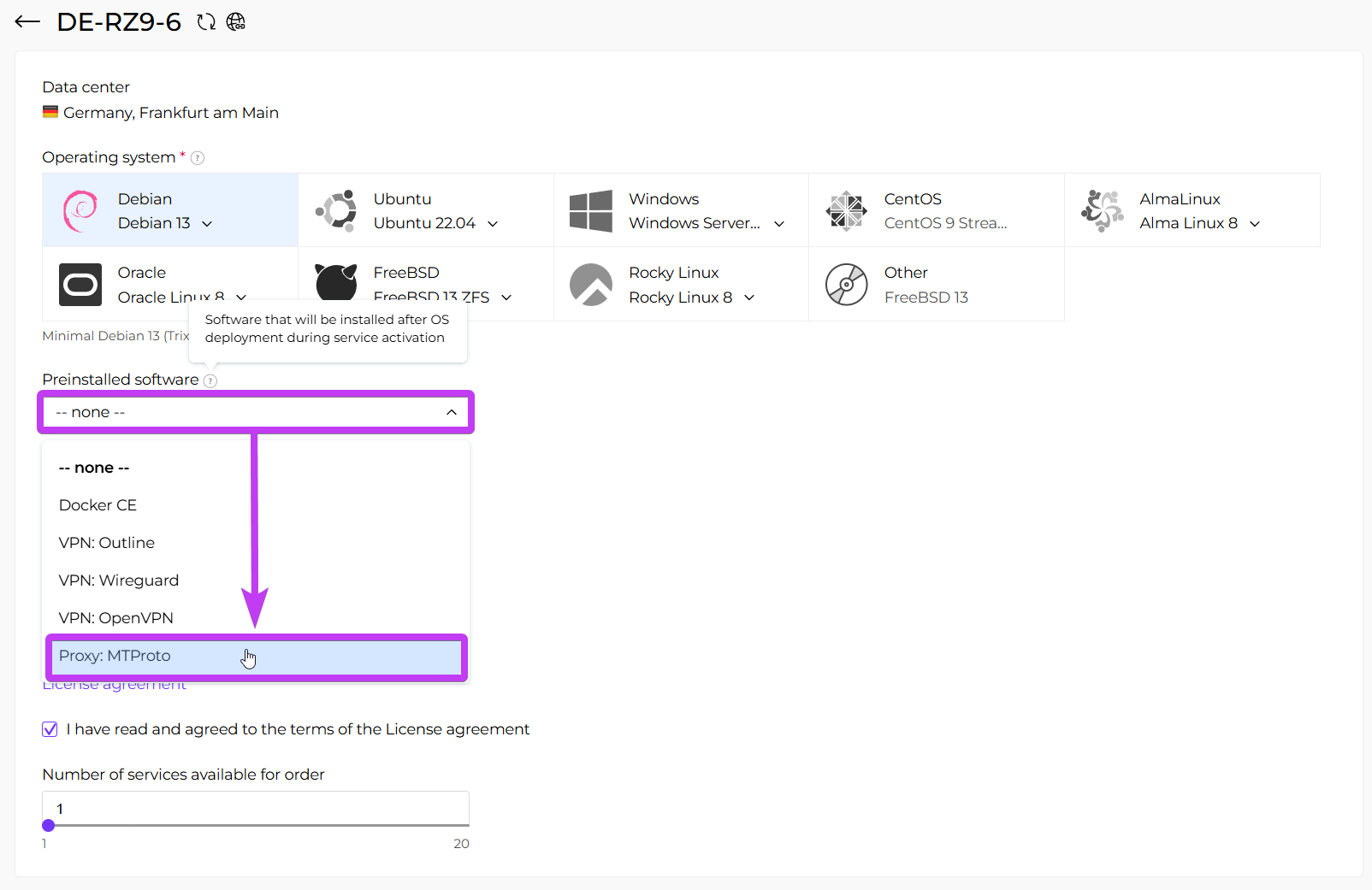 Selecting MTProto script during server ordering in the client area