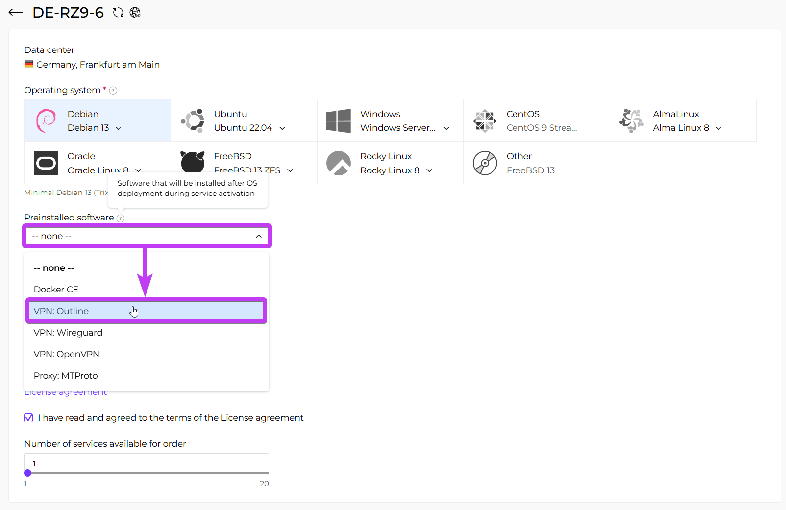 Selecting Outline script during server ordering in the client area
