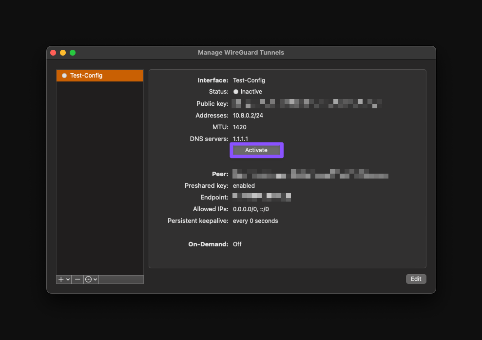 Enabling VPN connection in WireGuard on macOS