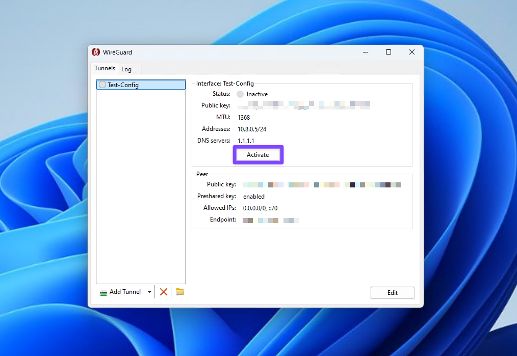 Activating VPN connection in WireGuard on Windows