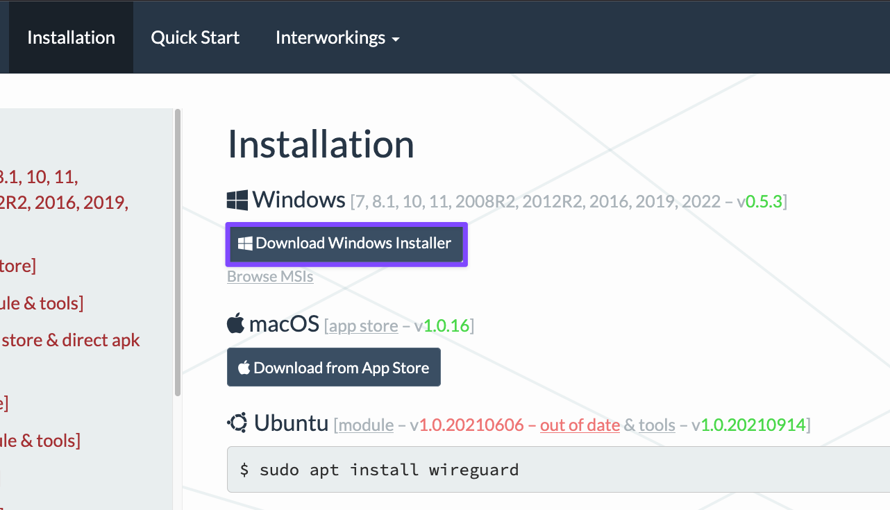 Downloading WireGuard client for Windows