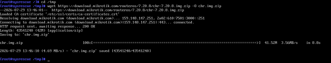 An image showing a successful download of a MikroTik CHR image onto a virtual server